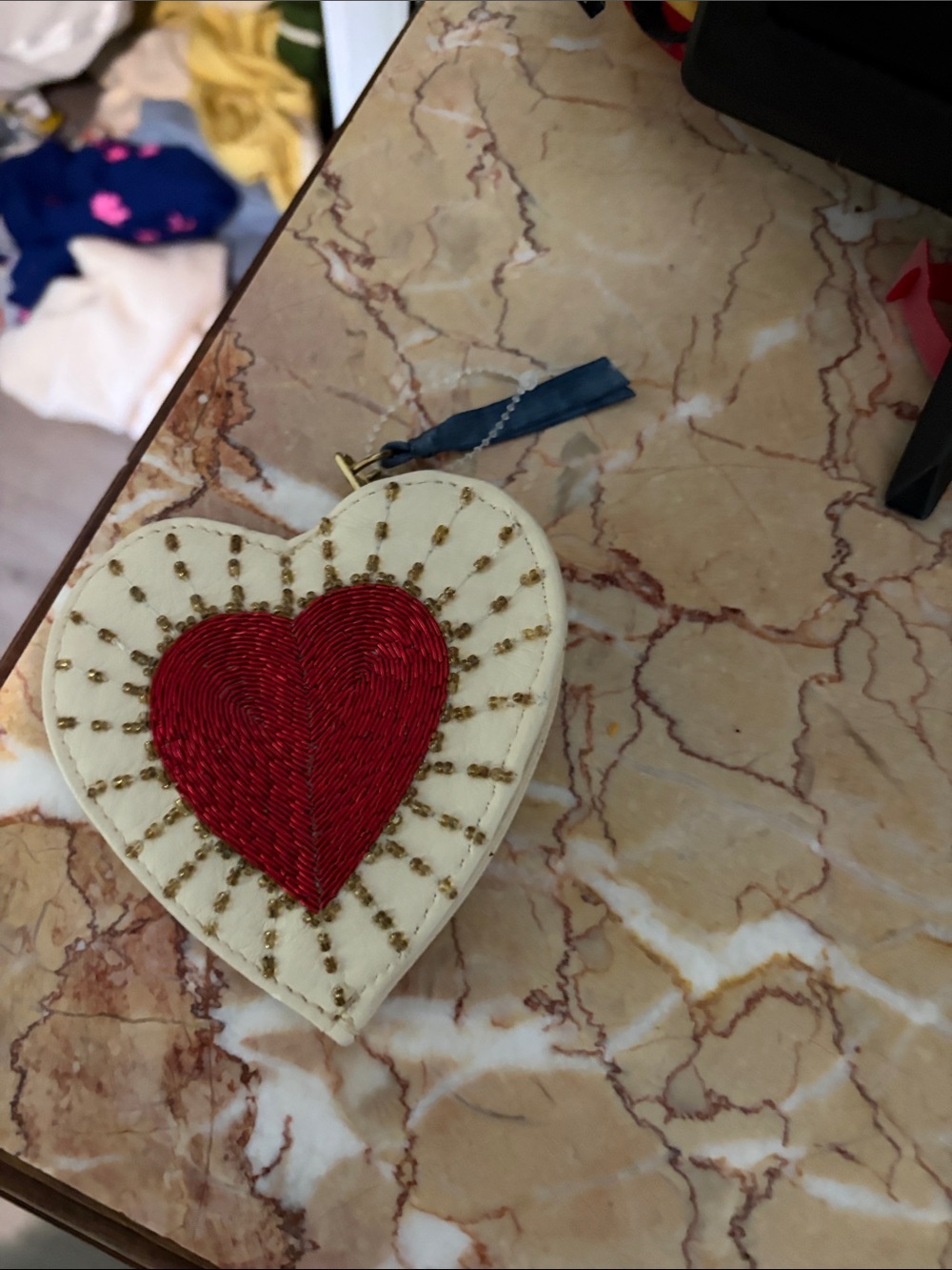 Anthropologie Cream Heart Coin Purse with Red Embroidered Heart